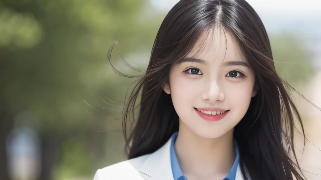 (Realistic: 1.4), (highest quality: 1.4), Ultra-high resolution, (Fine grain),Full body shot,Blur the background,Looking to the side,1 High school girl,(Full breasts),Black Hair,((Recruitment suits)),Wide eyes,Blushed face,smile,Highly detailed face and skin texture, Healthy Skin,(Outdoor),8k resolution