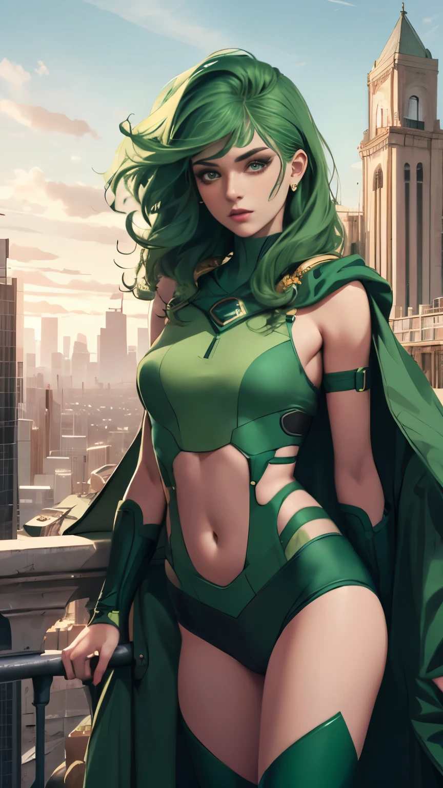 (Highly quality, masterpiece, detailed), city detailed scenario, city detailed background, 20 years old girl, solo, Polaris, green hair, bodysuit, cape, helmet, green crop top, thigh highs, navel, perfect face, beautiful eyes, looking at the viewer, Sexy pose