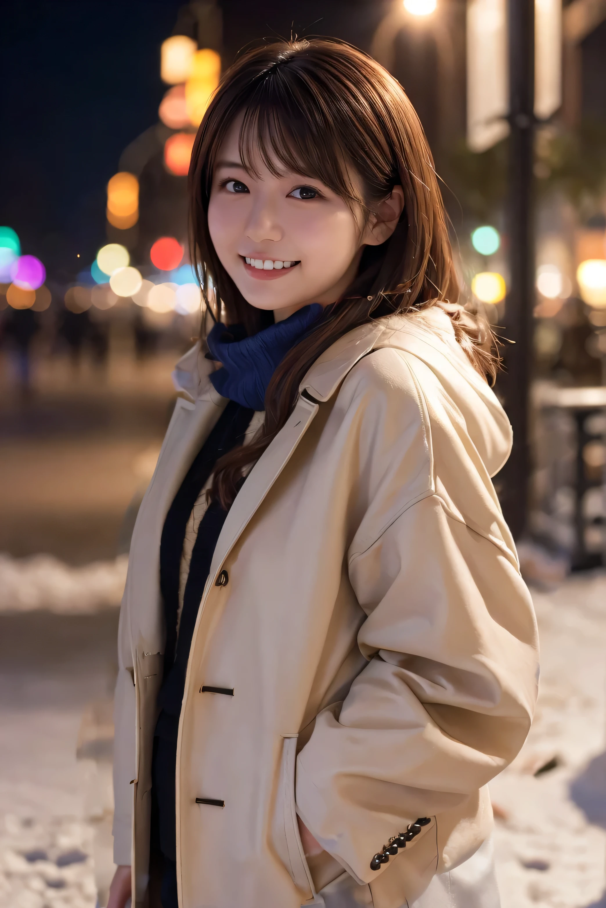 A fluffy and stylish scarf、A cute and luxurious beige coat