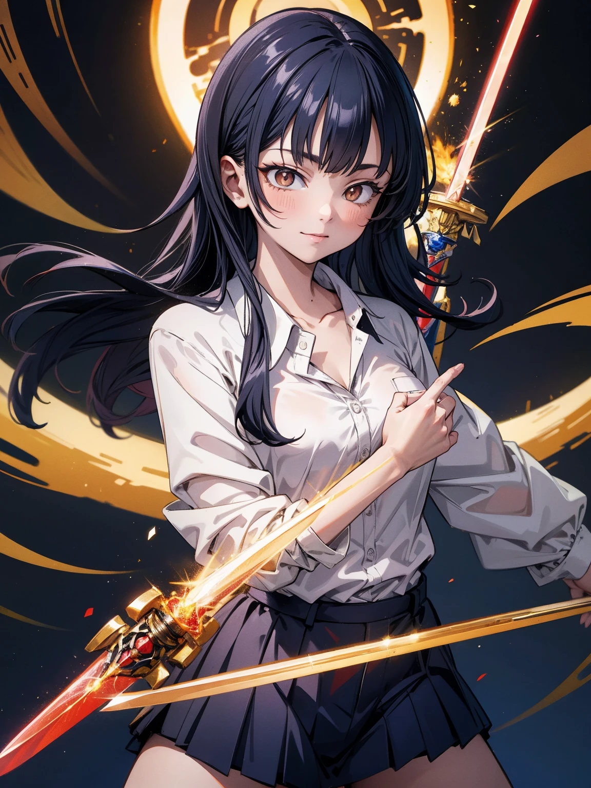 8K,((highest quality)), ((masterpiece)), ((High resolution)), ((Perfect Face)),office,girl,((Small breasts)),Chubby,business_blouse,Open collar,((Chest turbulence)),Medium_Straight Hair,Black Hair,Bangs,A confident smile,Iris eye,whole body,Holding the Sword,Ready your sword,((Flaming long sword)),((Red Glowing Sword)),((Giant Sword)),