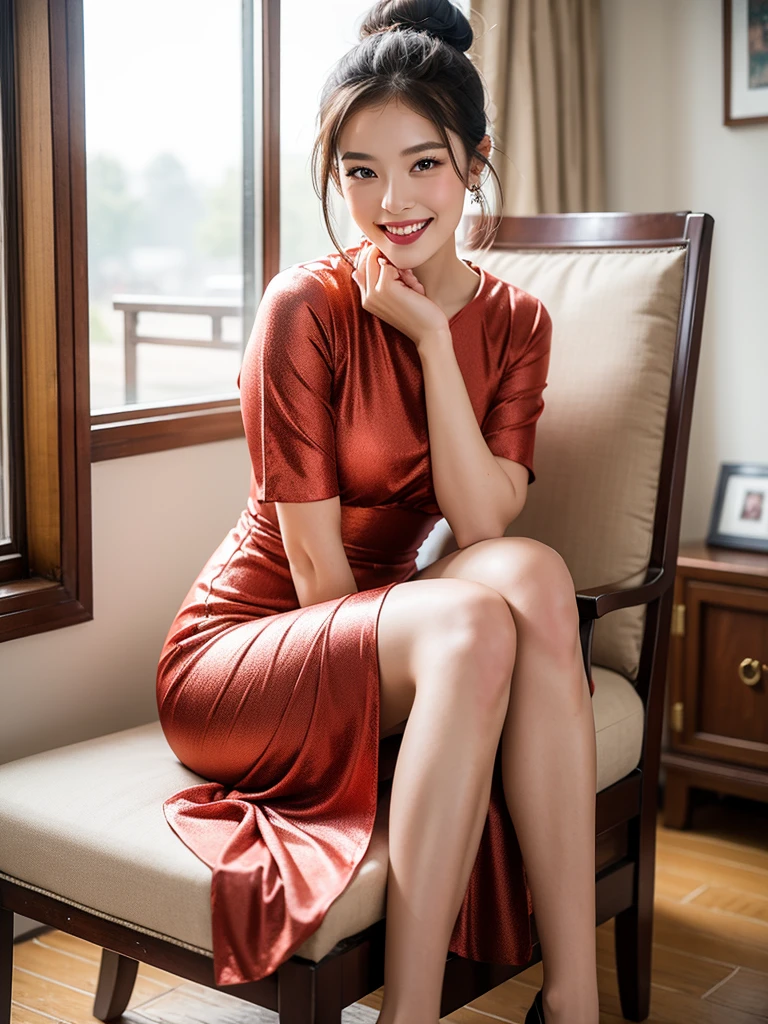 (knee shot),Pretty girl, young female model, Sweet maiden, Special clothes43,hair bun,china dress,hair ornament, inside in room, Antique ornaments, sit on chair, deck chair, Cross ed leg, tmasterpiece, best qualtiy, Extremely detailed description, Ultra-fine painting, delicated face, slim toned body,grin, Hefty Smile