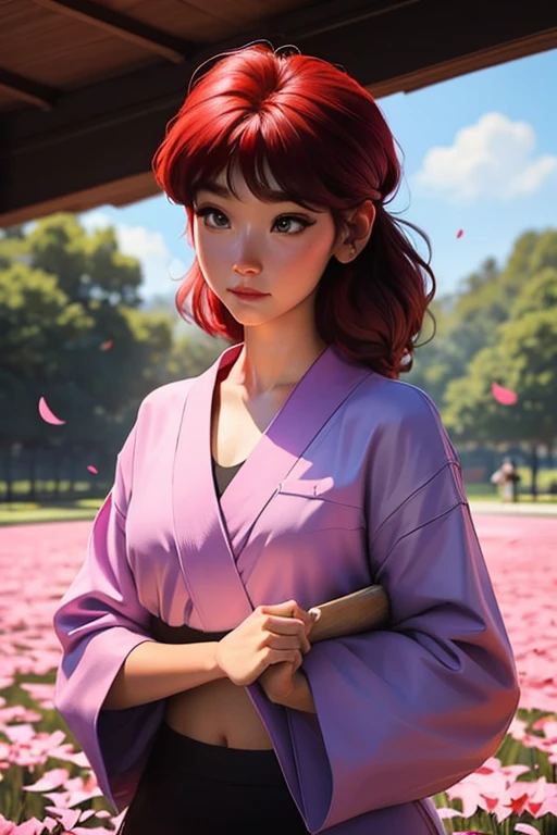 Imagina a Ranma-chan en un momento de calma en medio de un campo de cerezos en flor.. ella esta en su forma femenina, con su largo cabello rojo que fluye atrapando la suave brisa. His eyes express a mix of determination and serenity as he prepares for a martial arts training session.... Cherry petals dance around., creando un suave, Ethereal environment.