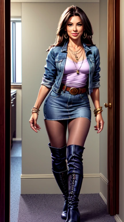 1woman 35 year old, solo,full body,feet touching the floor,straight hair,looking at viewer, detailed eyes, shy smile,jewelry, medium breasts, earrings,belt, blue denim jacket over tight purple t-shirt,mini skirt,sheer tan pantyhose,high boots, necklace, bracelet, lips