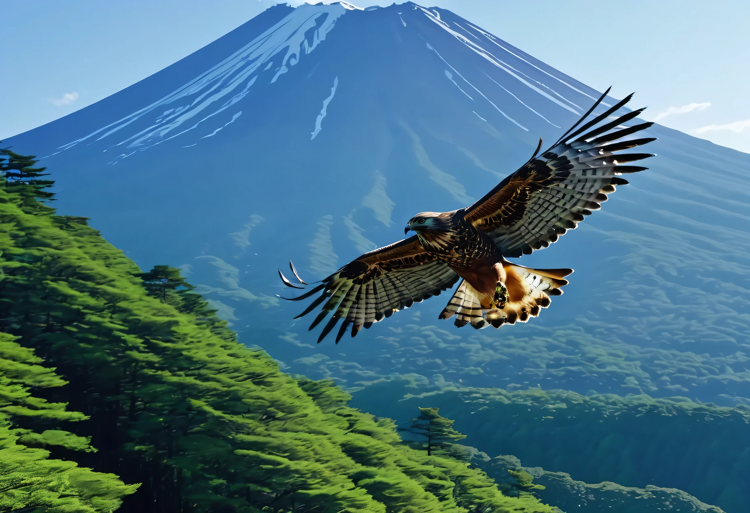 hawk is flying, One beautiful, high resolution, high quality, master piece, Brave, photo, 8K, Around the sea of trees on Mt. Fuji,