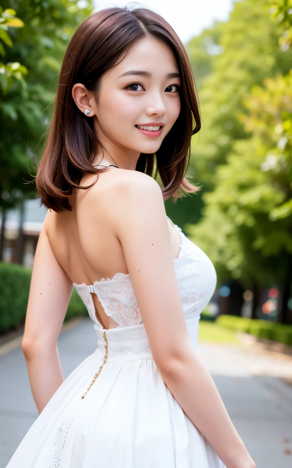 highest quality, figure, Ultra-detailed, finely, High resolution, 8K Wallpaper, 完璧なダイナミックな構figure, Beautiful Skin, (Big Eyes), 20 year old beautiful girl, Natural color lip, (Sexy pose), Mid chest, smile, Highly detailed face and skin texture, Detailed eyes, Double eyelid,leaking teeth and laughing, close-up, from side, Brown short hair, (White dress:1.2), In town