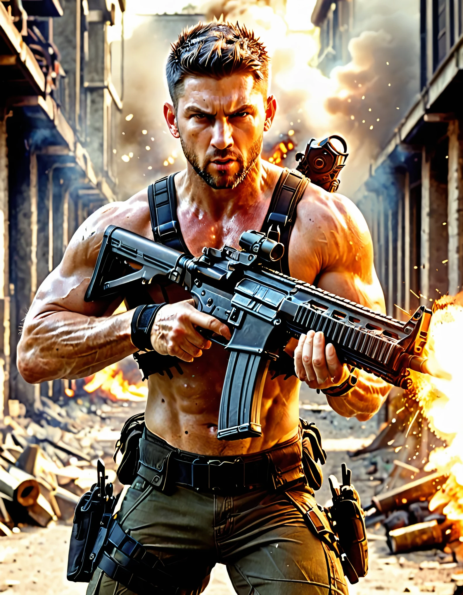 1boy, 1man, abs, (gun, weapon, using an assault rifle, firing, muzzle flash, shell casings, ejecting shell cases), bara, bare pectorals, bare shoulders, beard, biceps, blurry, blurry background, blurry foreground, brown hair, hazel eyes, chest harness, embers, explosion, facial hair, fire, harness, large pectorals, male focus, mature male, muscular, muscular male, pectorals, serious, angry, scar, scar on face, short hair, crew cut, spiky hair, solo, stubble, thighs, veins.