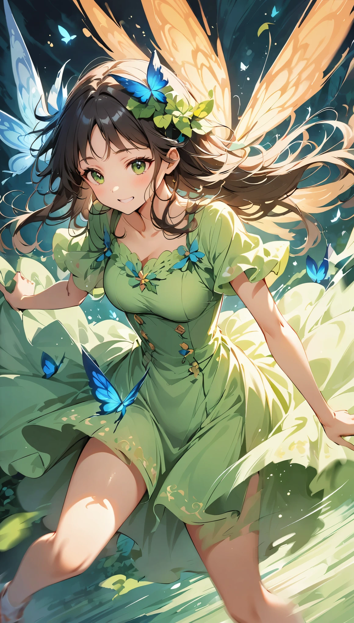 (high quality, 8k, 4K, High Contrast, masterpiece:1.2, 最high quality, Best aesthetics), Beautiful girl in a fairy costume, surrounded by flowers and butterflies. focus on women, Intense dance action pose, Motion Blur Effect, Dynamic action, Moving wings, ((動く羽根にMotion Blur Effect:1.6)), Clothes fluttering in the wind, ((なびく裾にMotion Blur Effect:1.3)), Dynamic configuration, Atmospheric perspective, Whimsical and delicate, Like an illustration in a children's book, spirit of the wind.