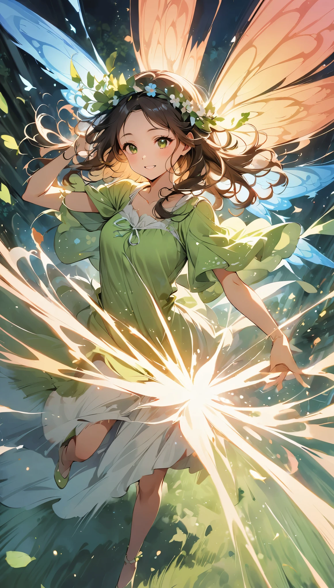 (high quality, 8k, 4K, High Contrast, masterpiece:1.2, 最high quality, Best aesthetics), Beautiful girl in a fairy costume, surrounded by flowers and butterflies. focus on women, Intense dance action pose, Motion Blur Effect, Dynamic action, Moving wings, ((動く羽根にMotion Blur Effect:1.6)), Clothes fluttering in the wind, ((なびく裾にMotion Blur Effect:1.3)), Dynamic configuration, Atmospheric perspective, Whimsical and delicate, Like an illustration in a children's book, spirit of the wind.