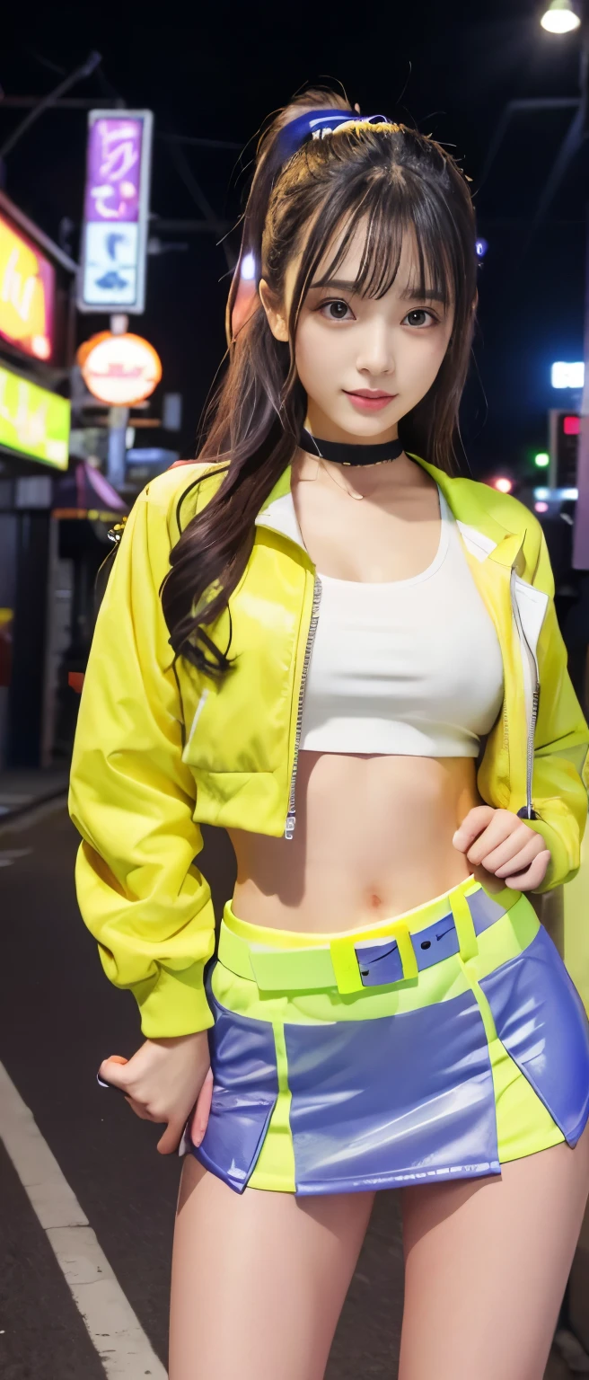 Sporty idol girl、whole body、Good style、、、、cool track jacket、Glowing fluorescent yellow tight mini skirt、cool belt、、、、、Cyber city at night