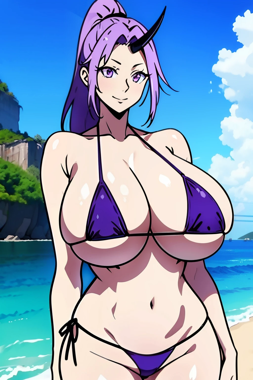 An anime-style artwork depicting shion from the anime tensei shittara slime datta.

Tags: shion, anime, detailed eyes, detailed lips, (micro bikini:1.4), smiling expression, intense gaze, dynamic pose, outdoor, beach, vibrant colors, digital art, high-resolution, professional quality, gigantic breasts, (underboob : 1.4), curvy, cowboy shot, (gigantic breasts: 1.4), shion, black horns, hair intakes, horns, long hair, oni, oni girl, oni horn, oni horns, ponytail, (purple eyes:1.1), purple hair, single horn, black horns, hair intakes, horns, long hair, oni, oni girl, oni horn, oni horns, ponytail, (purple eyes:1.1), purple hair, single horn,