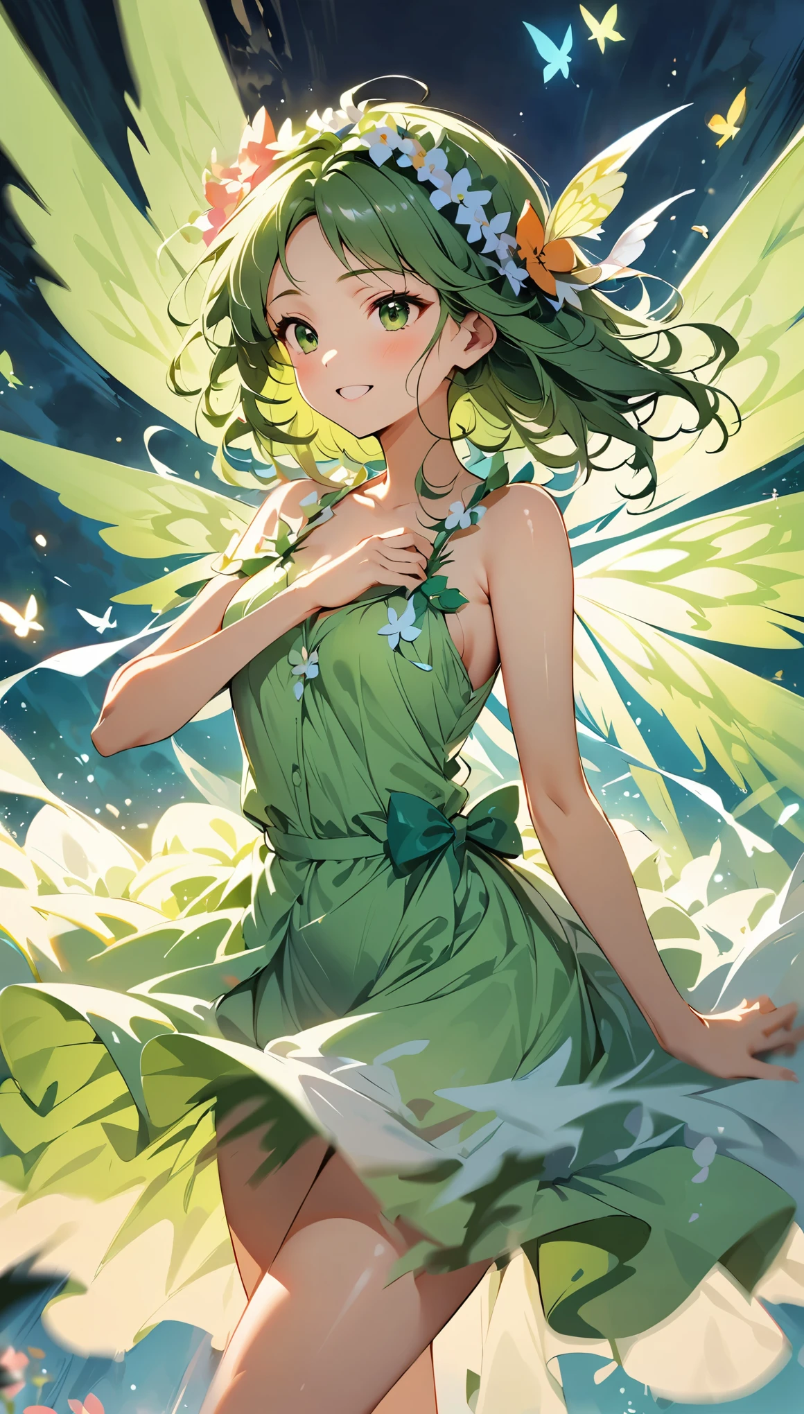 (high quality, 8k, 4K, High Contrast, masterpiece:1.2, 最high quality, Best aesthetics), Beautiful girl in a fairy costume, surrounded by flowers and butterflies. focus on women, Intense dance action pose, Motion Blur Effect, Dynamic action, Moving wings, ((Moving wings with motion blur:1.6)), Clothes fluttering in the wind, ((Motion blur on fluttering hem:1.3)), Dynamic configuration, Atmospheric perspective, Whimsical and delicate, Like an illustration in a children's book, spirit of the wind.