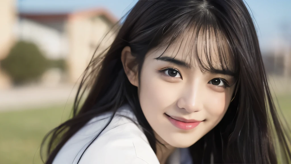 (Realistic: 1.4), (highest quality: 1.4), Ultra-high resolution, (Fine grain),Full body shot,Blur the background,Looking to the side,1 High school girl,(Full breasts),Black Hair,((Recruitment suits)),Wide eyes,Blushed face,smile,Highly detailed face and skin texture, Healthy Skin,(Outdoor),8k resolution