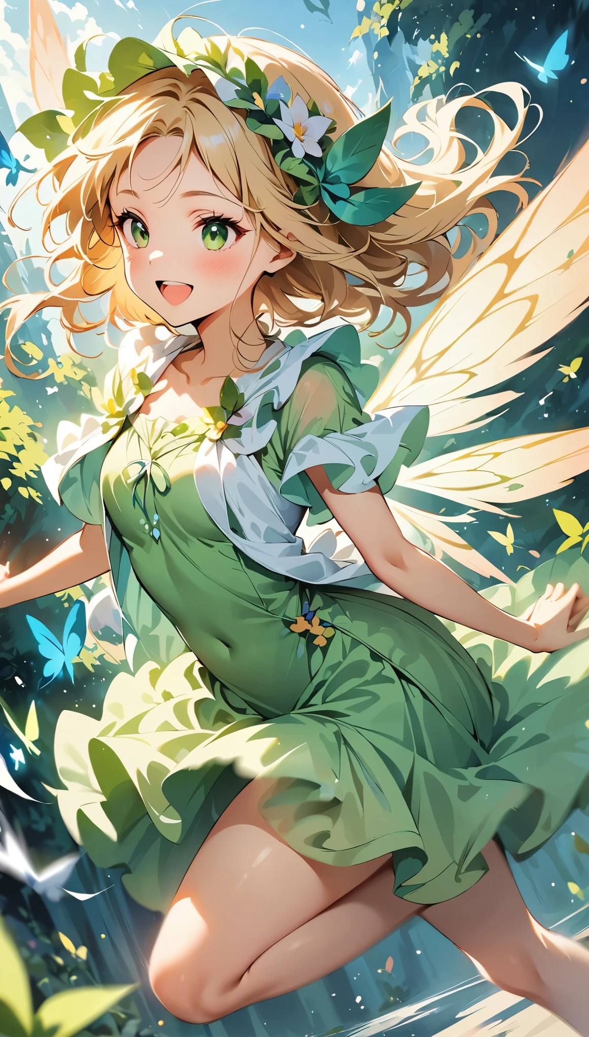 (high quality, 8k, 4K, High Contrast, masterpiece:1.2, 最high quality, Best aesthetics), Beautiful girl in a fairy costume, surrounded by flowers and butterflies. focus on women, Intense dance action pose, Motion Blur Effect, Dynamic action, Moving wings, ((Moving wings with motion blur:1.6)), Clothes fluttering in the wind, ((Motion blur on fluttering hem:1.3)), Dynamic configuration, Atmospheric perspective, Whimsical and delicate, Like an illustration in a children's book, spirit of the wind.