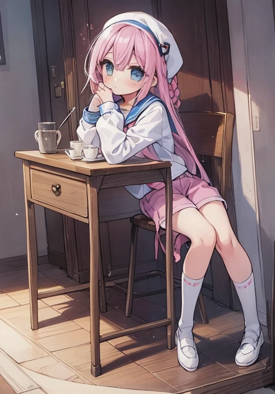 Beautiful illustrations, highest quality, (12 year old girl:1.4)、(pretty girl：1.5)、、Flat Chest、Sailor collar、(White long tunic)、Long sleeve sailor suit、Blue-line cuffs、(pink chino shorts：1.4)、(pink shorts with wide opening：1.2)、Gap between thigh and pants、Slim thighs、White socks、 Cinematic lighting, (Pink Long Hair)、Pink Straight Hair、Redness on the cheeks、(Braiding of the back of the head)