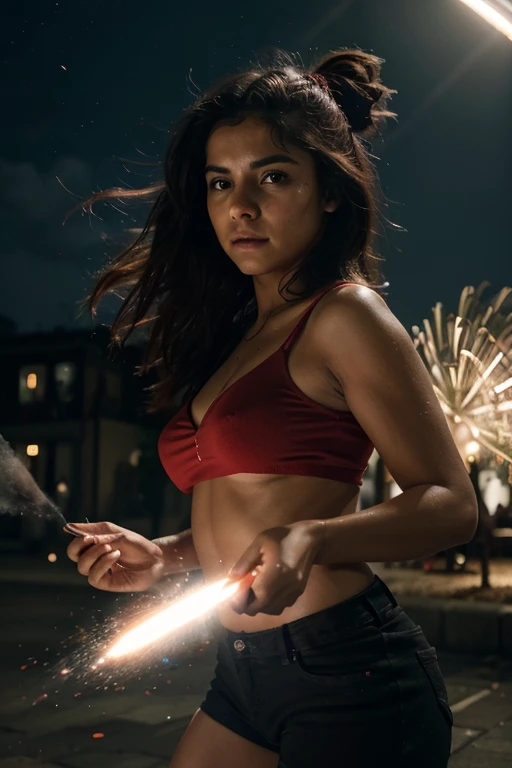biracial latina with light blue eyes, long light blue hair with big large breasts, hold big firework stick, at night on top of building cities, reflect of firework on her face ,Résolution Haute, photoshoot, Grand angle,