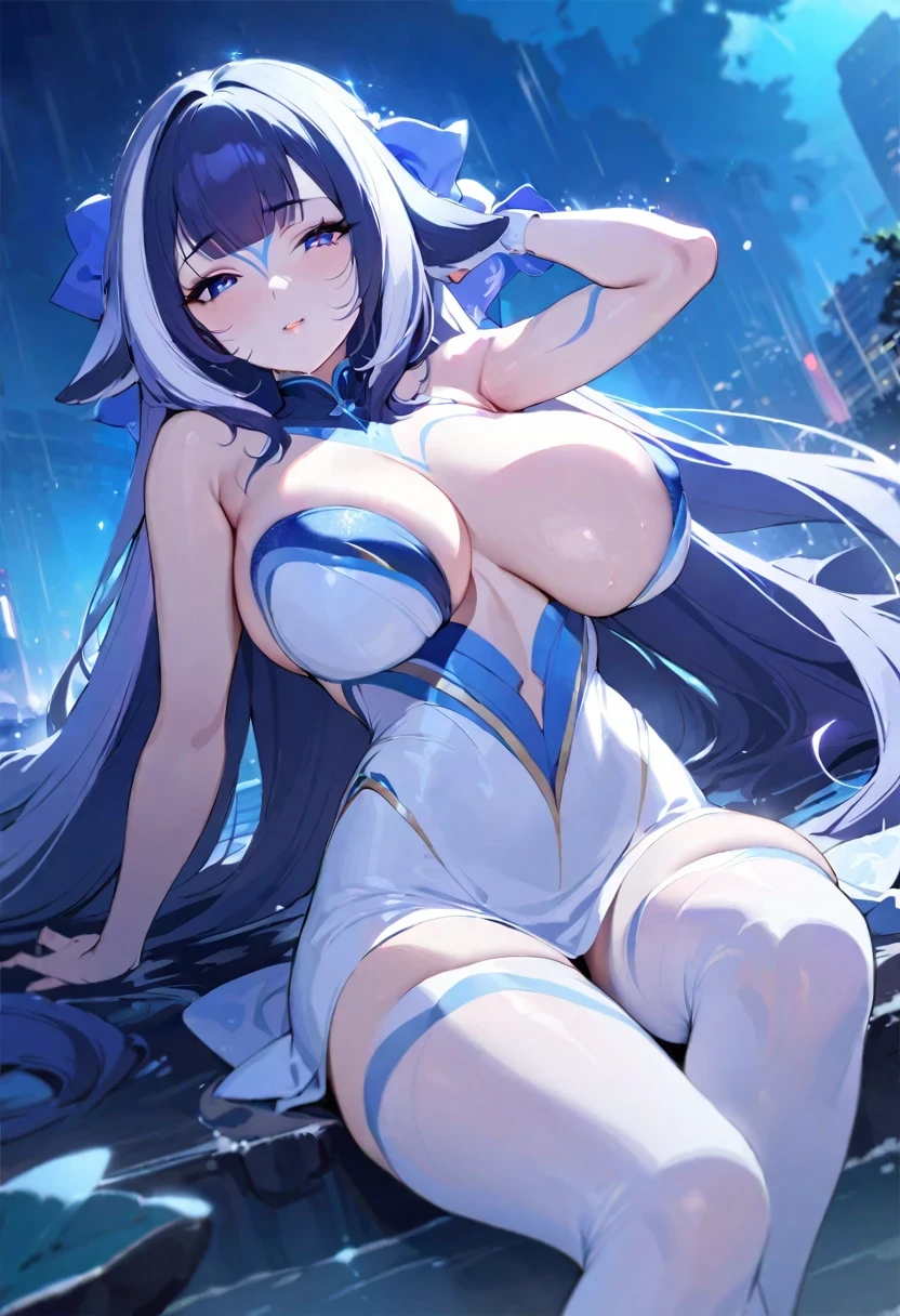 ((shylily/(Twich/))),(masterpiece:1.2),(best quality:1.2),, (1girl:1.3),heavy rain,Gorgeous high heels,Under water,grabbing the breasts,Official fine art,tmasterpiece,Sharp focus,Long straight hair,Delicate and beautiful eyes and face,realisticlying,ultra - detailed,a beauty girl,blue-sky,Glowing white particles,(side-lighting:1.2),rays of sunshine,baiyun,Detailed clouds,Slender,Cute big breasts and big buttocks,Toothy laughter,((Laugh and open your eyes)),scenecy,Long straight hair, sexy facial expression, buliding, (Cityscape:1.7), Dynamic hair, Long straight hair, (blue pleated shirt+white skirt), Long white socks, paleskin, hair adornments, epic landscapes,deep in the night,Masterpiece, Best quality,Bare shoulders, white thighhighs, Hair ribbon, Large breasts,