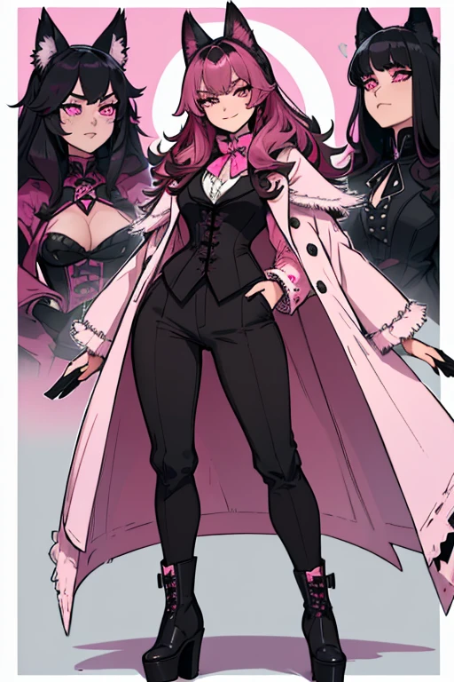 female, black long hair with pink highlights, pink eyes, black wolf ears, black wolf tail with pink trim, (((1girl))), (((white Victorian coat with pink trim))), (black shirt), (black gloves), (pink vest), (brown pants), (black heeled boots), cute and sexy, large breasts, large butt, full body, long legs, smiling