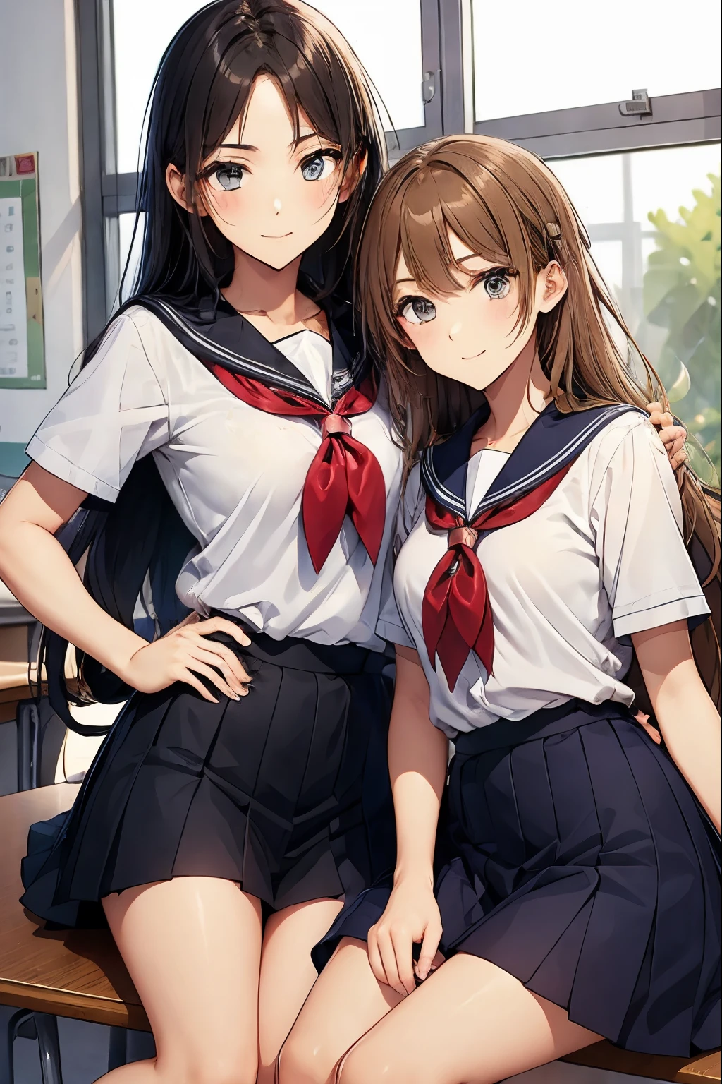 School classroom、A high school girl sitting and another high school girl hugging her from behind、seductive smile、