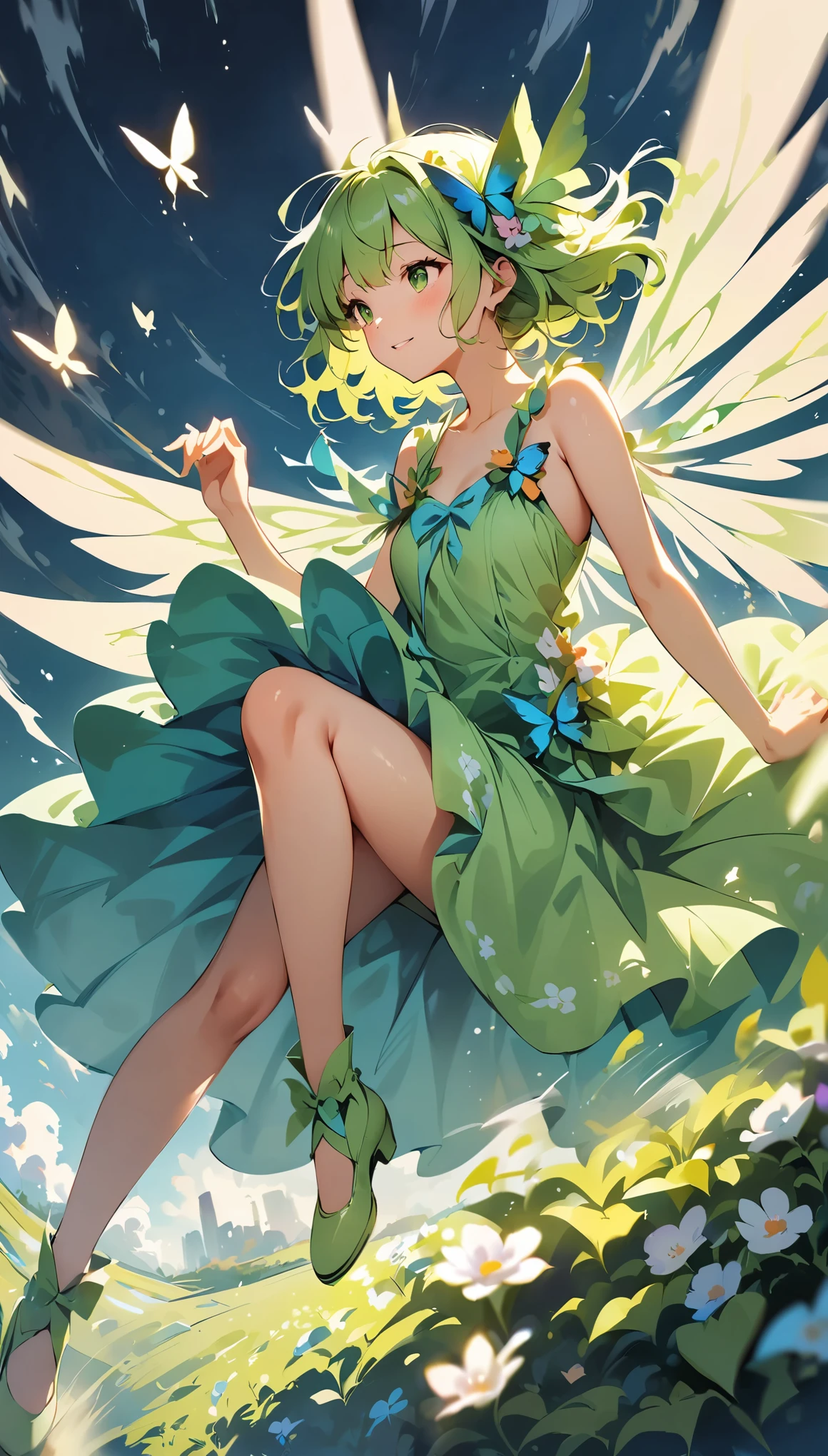 (high quality, 8k, 4K, High Contrast, masterpiece:1.2, 最high quality, Best aesthetics), Beautiful girl in a fairy costume, surrounded by flowers and butterflies. focus on women, Intense dance action pose, Motion Blur Effect, Dynamic action, Moving wings, ((Moving wings with motion blur:1.6)), Clothes fluttering in the wind, ((Motion blur on fluttering hem:1.3)), Dynamic configuration, Atmospheric perspective, Whimsical and delicate, Like an illustration in a children's book, spirit of the wind.