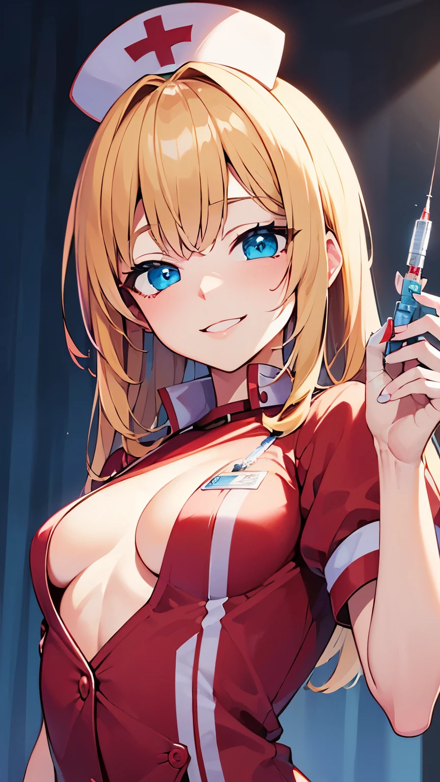 ((Best quality, 8k, Masterpiece: 1.3)), Highly detailed face and skin texture, Detailed eyes, textured skin, highres, nurse, hospital, nurse cap, smile, blue eyes, blonde, (syringe), flat chest