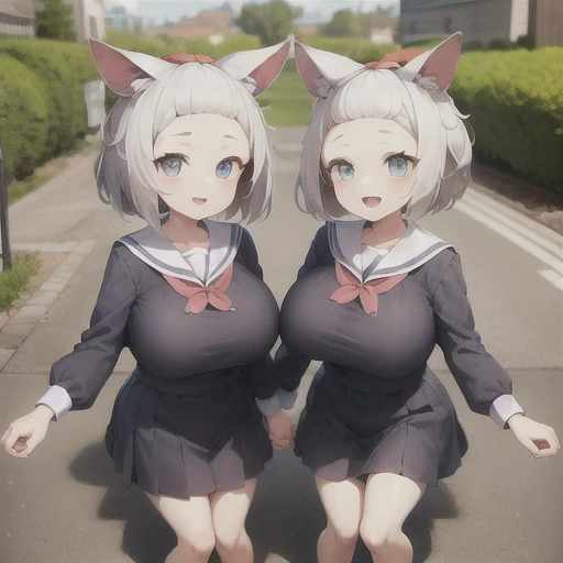 White Hair，anime big breasts，The kids，human，Blue Eyes，Fox Ears，Yellow laurel，Sailor suit，naive，Adorable，double，Holding hands