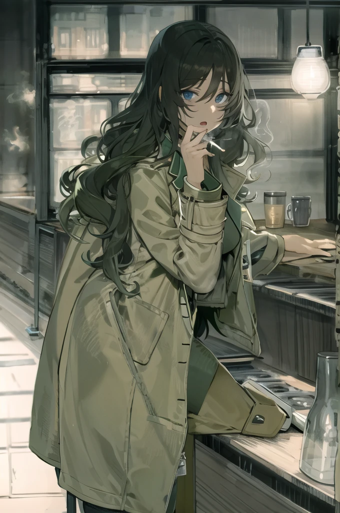 Anime woman, From back, holds a lit cigarette in her right hand, empty eyes, vacant eyes, open mouth, exhales smoke from her mouth, stared into the distance, wavy long black hair falling over her shoulders, wearing trench coat that concealed her figure, sits quietly on a stool near the dimly lit café counter, Her left hand rested on the worn, wooden countertop, solitary figure