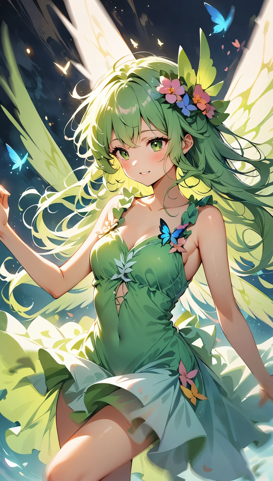 (high quality, 8k, 4K, High Contrast, masterpiece:1.2, 最high quality, Best aesthetics), Beautiful girl in a fairy costume, surrounded by flowers and butterflies. focus on women, Intense dance action pose, Motion Blur Effect, Dynamic action, Moving wings, ((Moving wings with motion blur:1.6)), Clothes fluttering in the wind, ((Motion blur on fluttering hem:1.3)), Dynamic configuration, Atmospheric perspective, Whimsical and delicate, Like an illustration in a children's book, spirit of the wind.