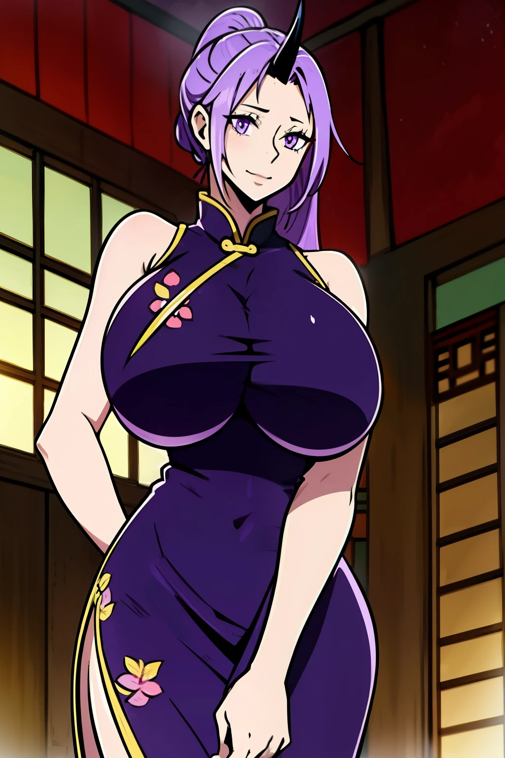 An anime-style artwork depicting shion from the anime tensei shittara slime datta.

Tags: shion, anime, detailed eyes, detailed lips, (chinese dress:1.4), turtleneck, mini skirt, midriff, smiling expression, intense gaze, dynamic pose, indoor, palace, vibrant colors, digital art, high-resolution, professional quality, gigantic breasts, (underboob : 1.4), curvy, cowboy shot, (gigantic breasts: 1.4), shion, black horns, hair intakes, horns, long hair, oni, oni girl, oni horn, oni horns, ponytail, (purple eyes:1.1), purple hair, single horn, black horns, hair intakes, horns, long hair, oni, oni girl, oni horn, oni horns, ponytail, (purple eyes:1.1), purple hair, single horn,