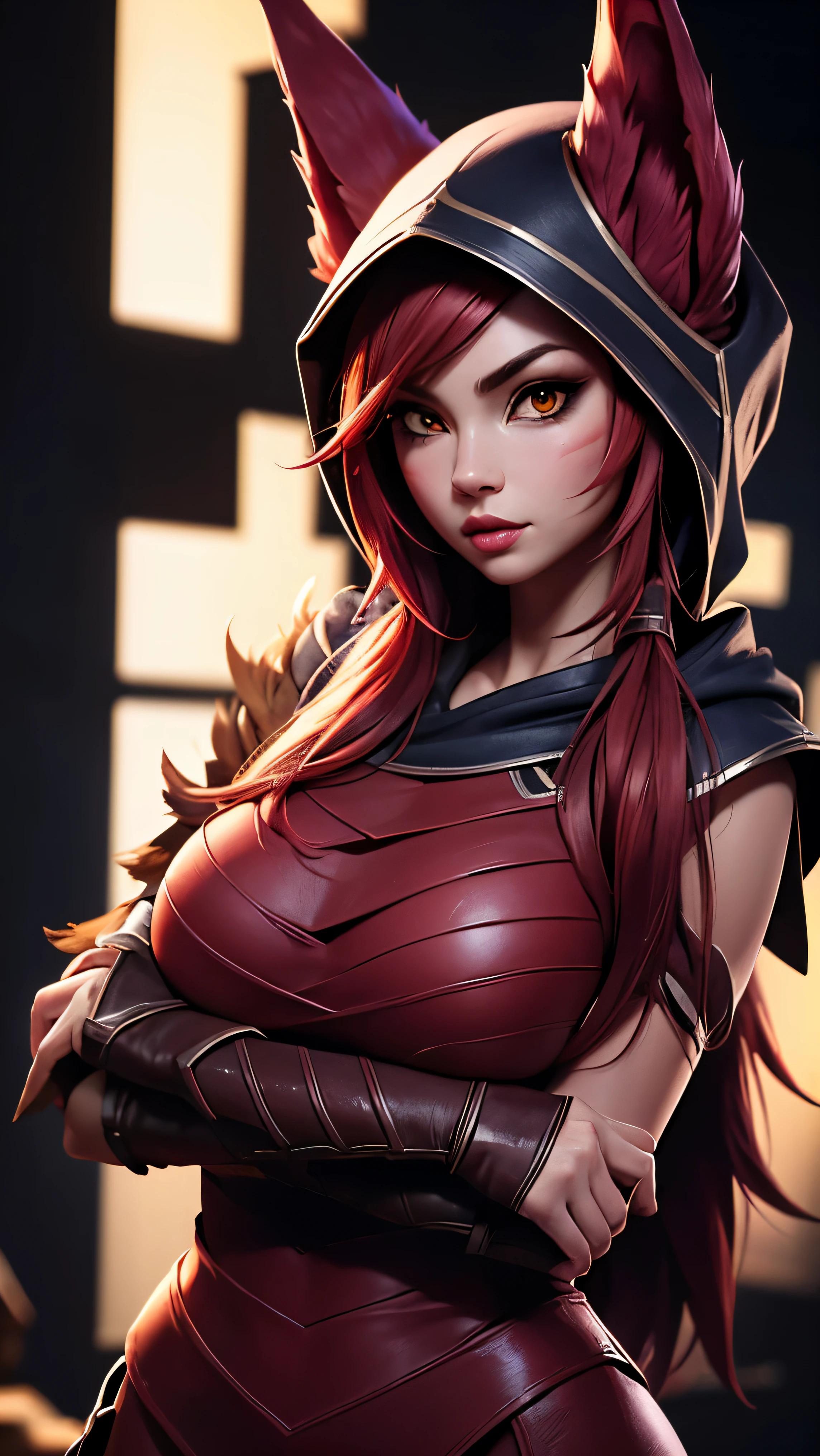 (ultra realistic,32k,RAW photo:1.1), (League of Legends), (high detailed skin:1.1), 8k uhd, ((upper body)), dslr, ((black background)), ((Animal ears)), ((orange eyes)), high quality, ((beautiful Face)), ((xayah purple hoodie)), ((xayah red cap)), ((xayah red clothing)), film grain, (red hair), (long hair), ((nose ring)), (makeup, mascara:1.1) , lips,(thick\lips\), Xayah, ((Medium Breasts)), ((Standing)), ((sexy pose)),