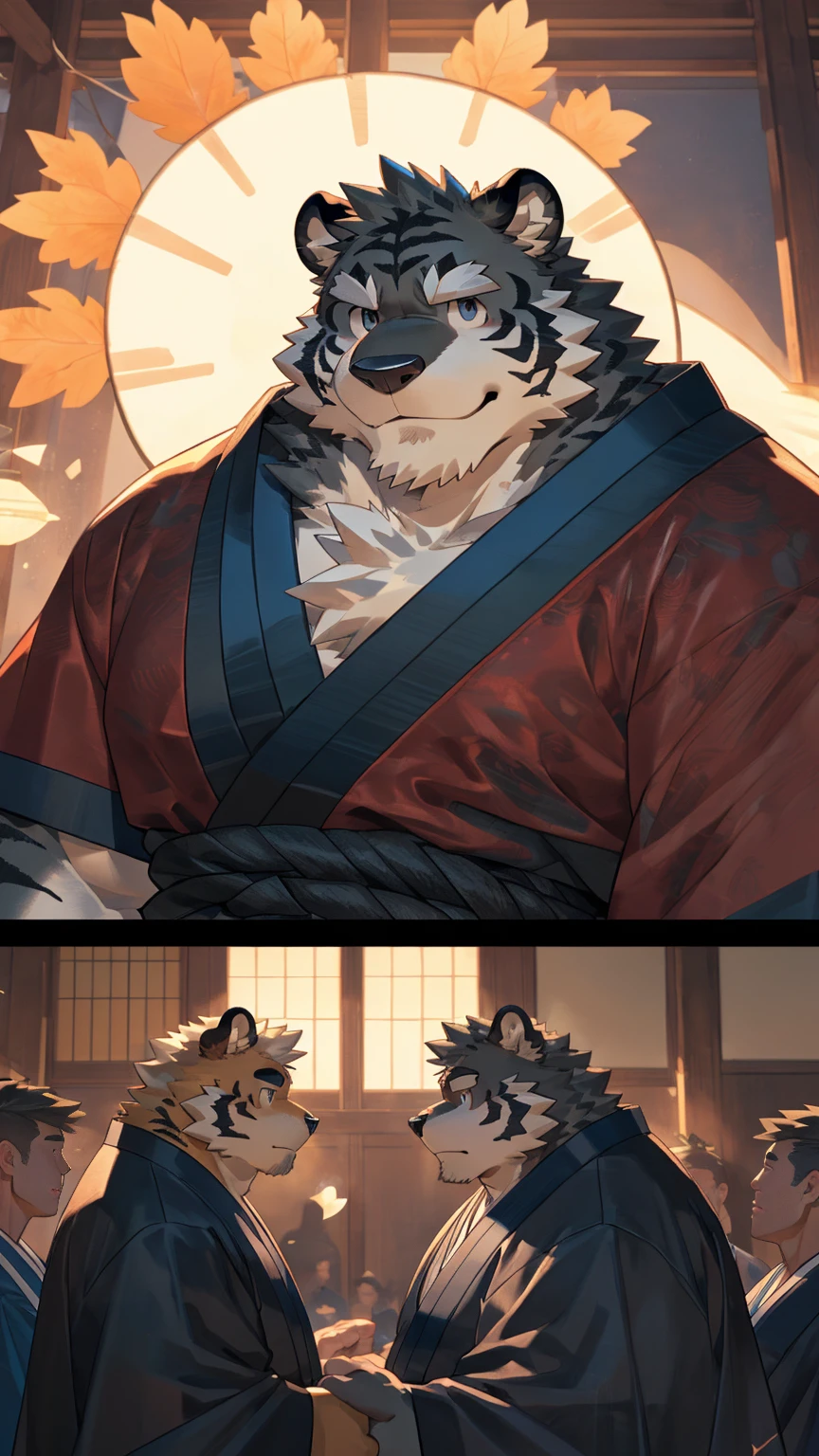 Solitary, ((Fluffy fur, Fluffy, hairy body)), detailed Fluffy fur, Delicate face, delicate Eye, Dynamic poses, (Ultra Detailed), Sharp focus, Keikichi, Eye, hairy, (Gray black fur:1.5), White beard, human nature (black tiger), male, middle aged, White belly, (((muscular))), (endomorph body type:0.6), Not too fat, rest ((Samurai Costume, red cherry long cloak, Japanese clothing)), ultra Delicate face, High Detail, high quality, (best quality,4K,8k,high resolution,masterpiece:1.2), (close up:1.3), author:Takemoto Arashi, From kulplant, author:empty ghost, From raccoon21, Dynamic Lighting, Smile, (whole body:1.4), Looking at the audience, Everlasting, close up肖像, indoorhigh resolution, Hold your belly with your hands, Bracelet,Detailed hands