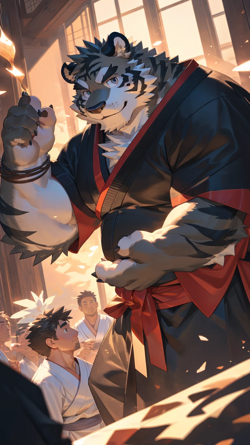 Solitary, ((Fluffy fur, Fluffy, hairy body)), detailed Fluffy fur, Delicate face, delicate Eye, Dynamic poses, (Ultra Detailed), Sharp focus, Keikichi, Eye, hairy, (Gray black fur:1.5), White beard, human nature (black tiger), male, middle aged, White belly, (((muscular))), (endomorph body type:0.6), Not too fat, rest ((Samurai Costume, red cherry long cloak, Japanese clothing)), ultra Delicate face, High Detail, high quality, (best quality,4K,8k,high resolution,masterpiece:1.2), (close up:1.3), author:Takemoto Arashi, From kulplant, author:empty ghost, From raccoon21, Dynamic Lighting, Smile, (whole body:1.4), Looking at the audience, Everlasting, close up肖像, indoorhigh resolution, Hold your belly with your hands, Bracelet,Detailed hands