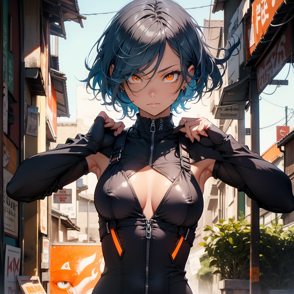 light blue hair, short hair, (orange Eyes:1.5), (medium breasts:1.5) (erectile nipples:1.1), transparent bodysuit, BREAK outdoors, abandoned building, BREAK looking at viewer, BREAK (masutepiece:1.2), Best Quality, High resolution, Unity 8k wallpaper, (Illustration:0.8), (Beautiful detailed eyes:1.6), extra detailed face, Perfect Lighting, extremely details CG, (Perfect hands, Perfect Anatomy),