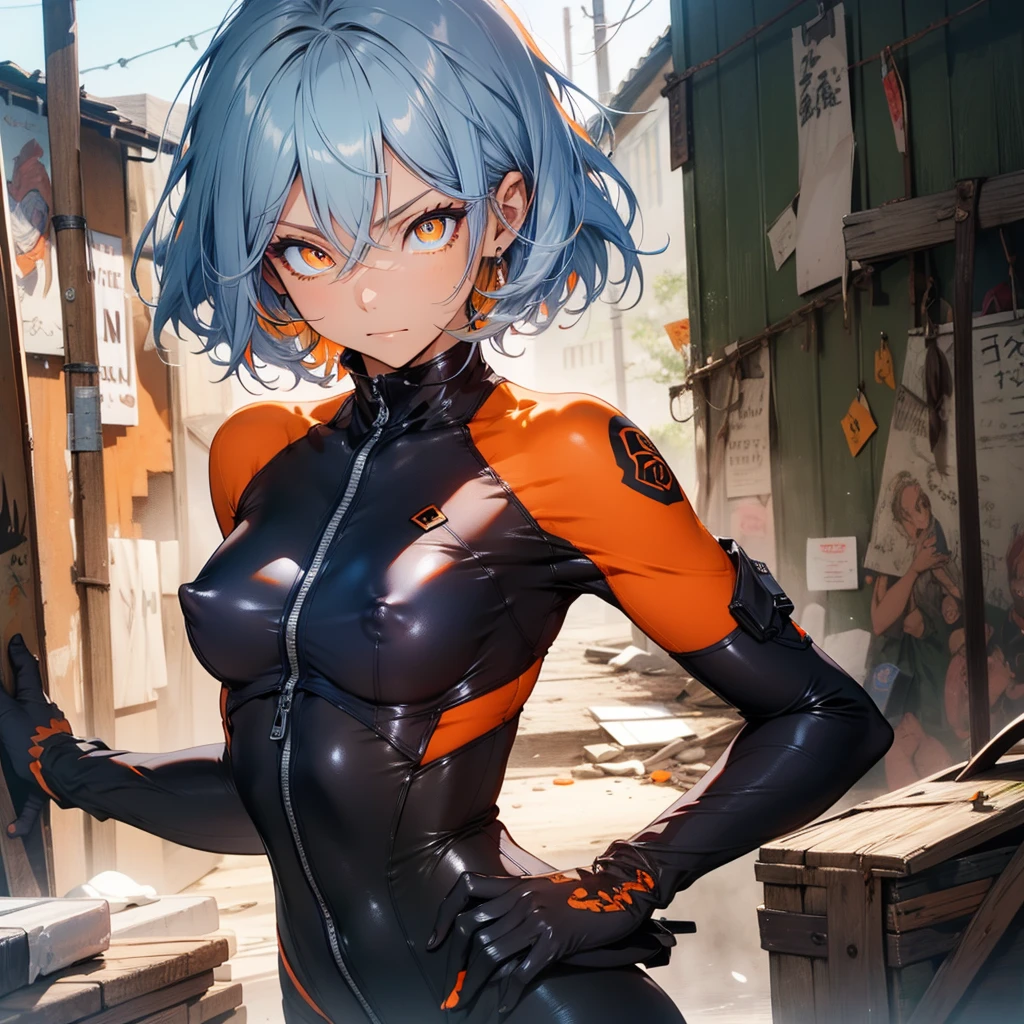 light blue hair, short hair, (orange Eyes:1.5), (medium breasts:1.5) (erectile nipples:1.1), transparent bodysuit, BREAK outdoors, abandoned building, BREAK looking at viewer, BREAK (masutepiece:1.2), Best Quality, High resolution, Unity 8k wallpaper, (Illustration:0.8), (Beautiful detailed eyes:1.6), extra detailed face, Perfect Lighting, extremely details CG, (Perfect hands, Perfect Anatomy),