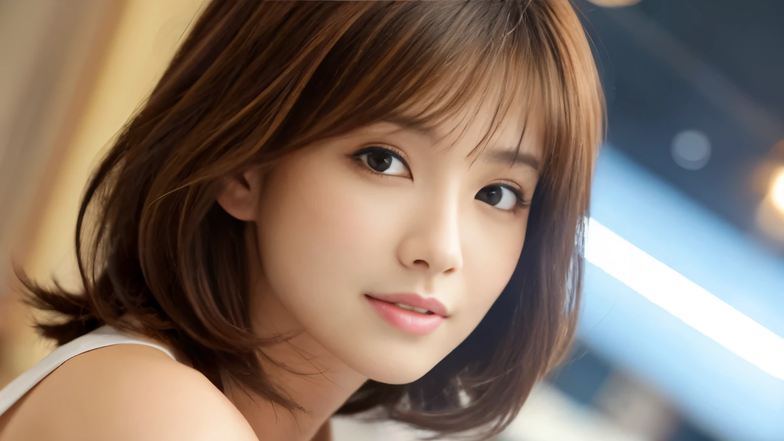 masterpiece、highest quality、High resolution、Tabletop、wallpaper、Realistic、Bright lighting、Professional Lighting、Face Light、smooth lighting、Japanese women、Adult、Beautiful woman、action、gravure、sexy、poor、so beautiful、Beautiful Skin、Beautiful and detailed、Detailed face、slim、moderately、short hair、Brunette colored hair、Brown eyes、Looking at the camera、Photographed inside the cafe,