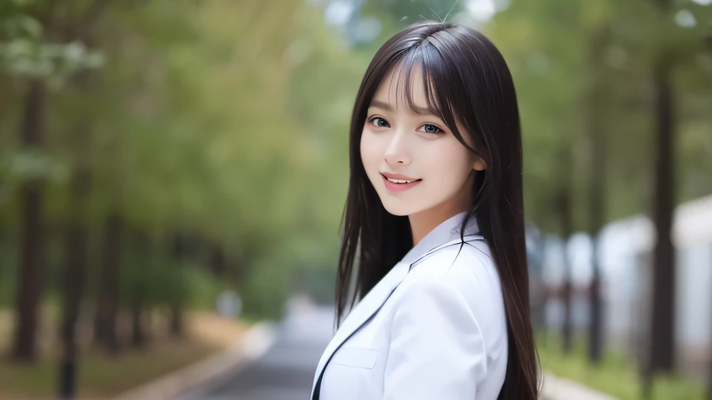 (Realistic: 1.4), (highest quality: 1.4), Ultra-high resolution, (Fine grain),Full body shot,Blur the background,Looking to the side,1 High school girl,(Full breasts),Black Hair,((Recruitment suits)),Wide eyes,Blushed face,smile,Highly detailed face and skin texture, Healthy Skin,(Outdoor),8k resolution