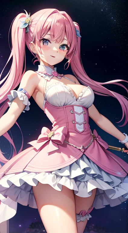 Super Idol Beautiful girl Charming smile long pink and light blue hair Twin tails Sparkly bright pink and white sparkly sexy leotard outfit Fantasy constellation moon Crystal Sparkle Aurora in the night sky