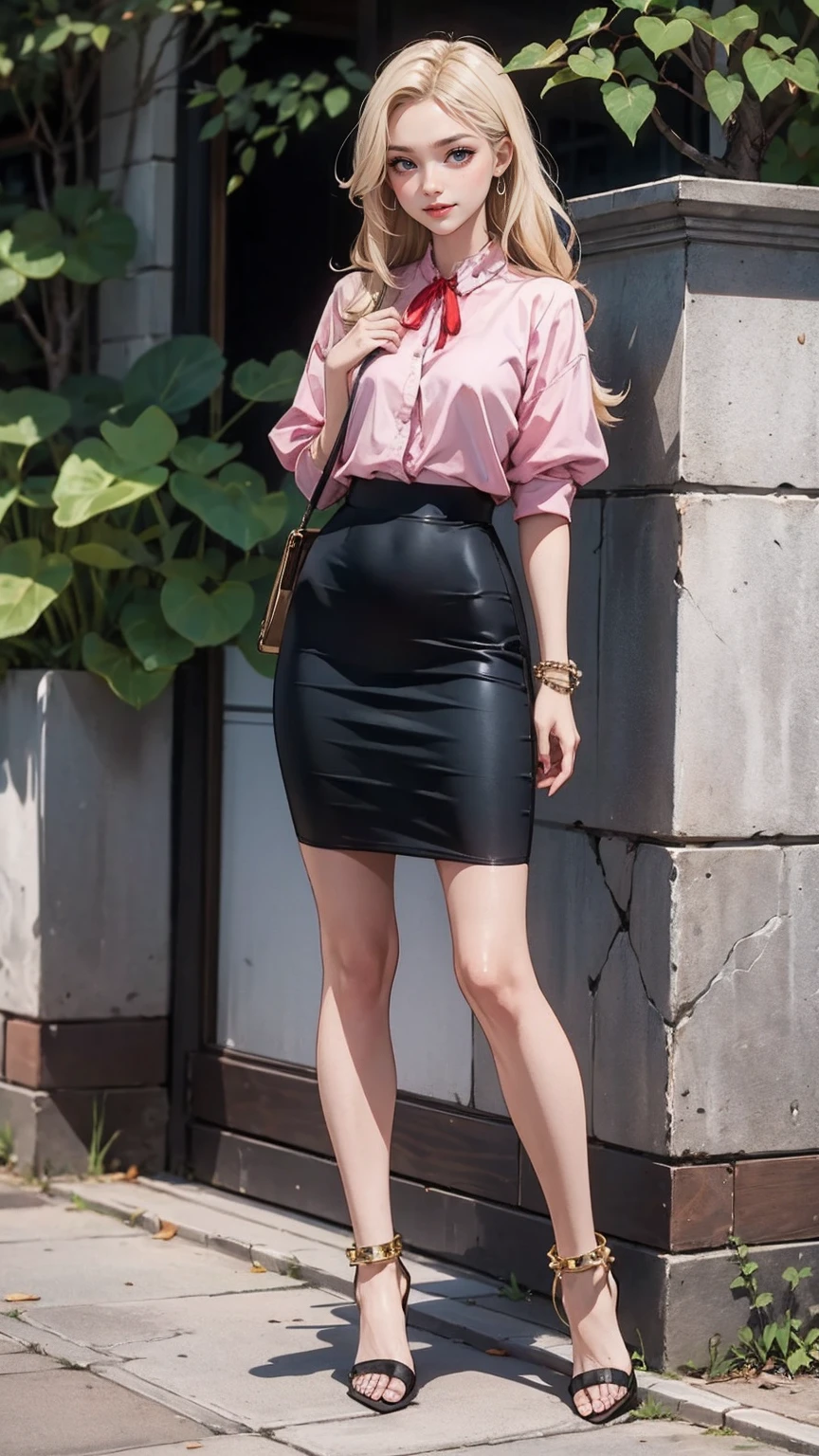 ((最high quality, 8K, masterpiece: 1.3, Ultra HD, high quality, 最high quality, High resolution, realism)) 、25-year-old Caucasian female、Platinum Blonde、blue eyes、long hair、smile、slender、A voluptuous, feminine body、I want my head to stay off screen、手首にアクセサリーapply、Wearing red nail polish、I have a peticure、anklet((anklet))apply、plunging neck((plunging neck))Wear a top from、pencil skirt((pencil skirt))Wear、Wear stiletto heels、wear a clutch bag、Cross one&#39;s arms、I&#39;m in front of a brick wall covered with ivy