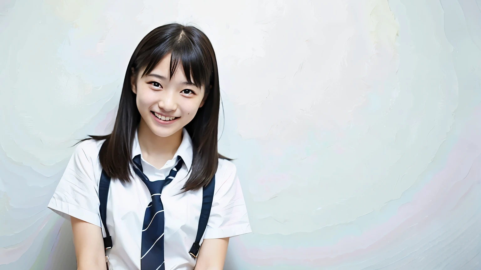 1 woman,high school student,skirt,,cute face,smiling,medium hair,black hair,white background color,masterpiece, extremely fine and beautiful,japanese,smile face,happy scene