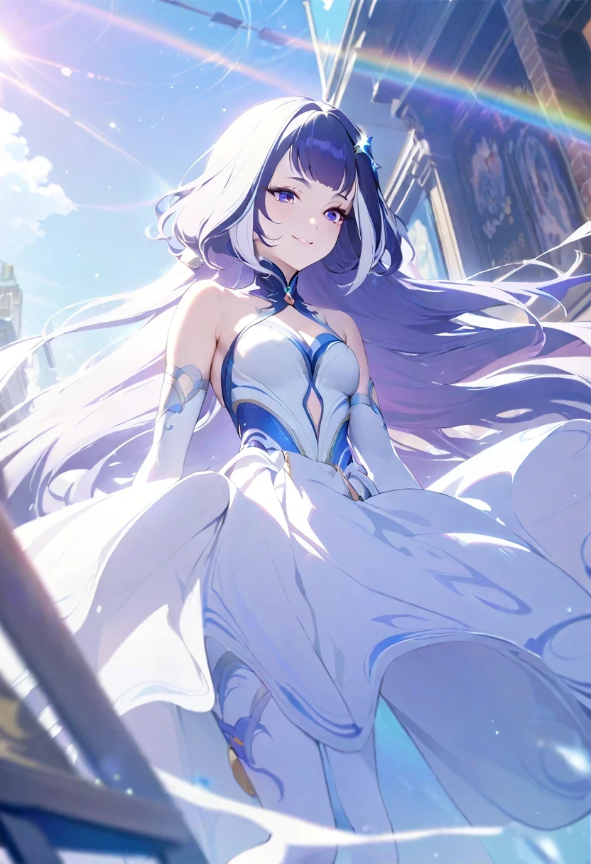 ((shylily/(Twich/))),(masterpiece:1.2),(best quality:1.2),, (1girl:1.3),(highres, best quality:1.2), radiance, soft contours, beautiful drawing, upper body, concept art, detailed background, bright colors,
1girl, (solo), (absurdres, ,highres, official wallpaper, poster), (masterpiece, best quality:1.2), (illustration, realistic), (perfect details, highest detailed, extreme detailed), dramatic light, (white thighhighs, elbow gloves, hair ornament, star hair ornament, dress), rainbow hair, long hair), (street, sunlight, shy smile, floating hair, )