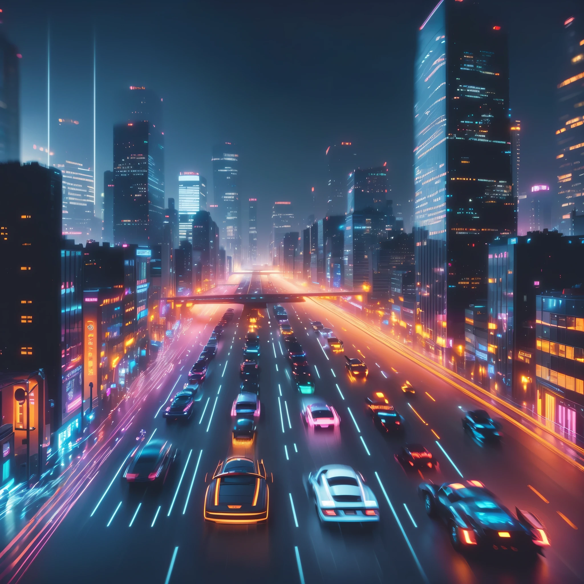 bustling city, The towering buildings shine with colorful neon lights in the sunset, Various modern cars and vehicles shuttle through the streets, Pedestrians are endless, Center of the screen, (A black sports car speeding by, captured using motion blur:1.6), (Sports car body afterimage:1.5), (Sports car taillight afterimage:1.3, (Dynamic light and shadow:1.5), (Light afterimage:1.3), Add a touch of dynamism to this bustling city, A unique perspective of the city landscape, (motion blur:1.8), from above, atmospheric perspective, satellite image, bokeh, caustics, Sony FE GM, UHD, masterpiece, ccurate, super detail, best quality, 8k