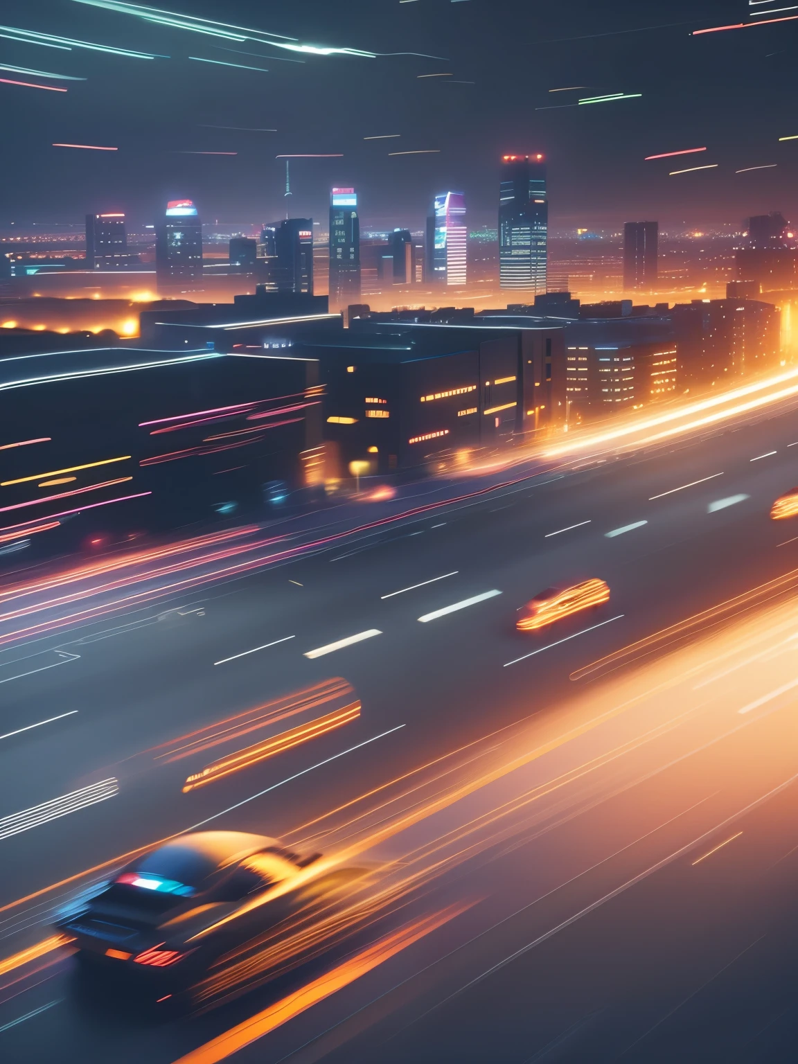 bustling city, The towering buildings shine with colorful neon lights in the sunset, Various modern cars and vehicles shuttle through the streets, Pedestrians are endless, Center of the screen, (A black sports car speeding by, captured using motion blur:1.6), (Sports car body afterimage:1.5), (Sports car taillight afterimage:1.3, (Dynamic light and shadow:1.5), (Light afterimage:1.3), Add a touch of dynamism to this bustling city, A unique perspective of the city landscape, (motion blur:1.8), from above, atmospheric perspective, satellite image, bokeh, caustics, Sony FE GM, UHD, masterpiece, ccurate, super detail, best quality, 8k