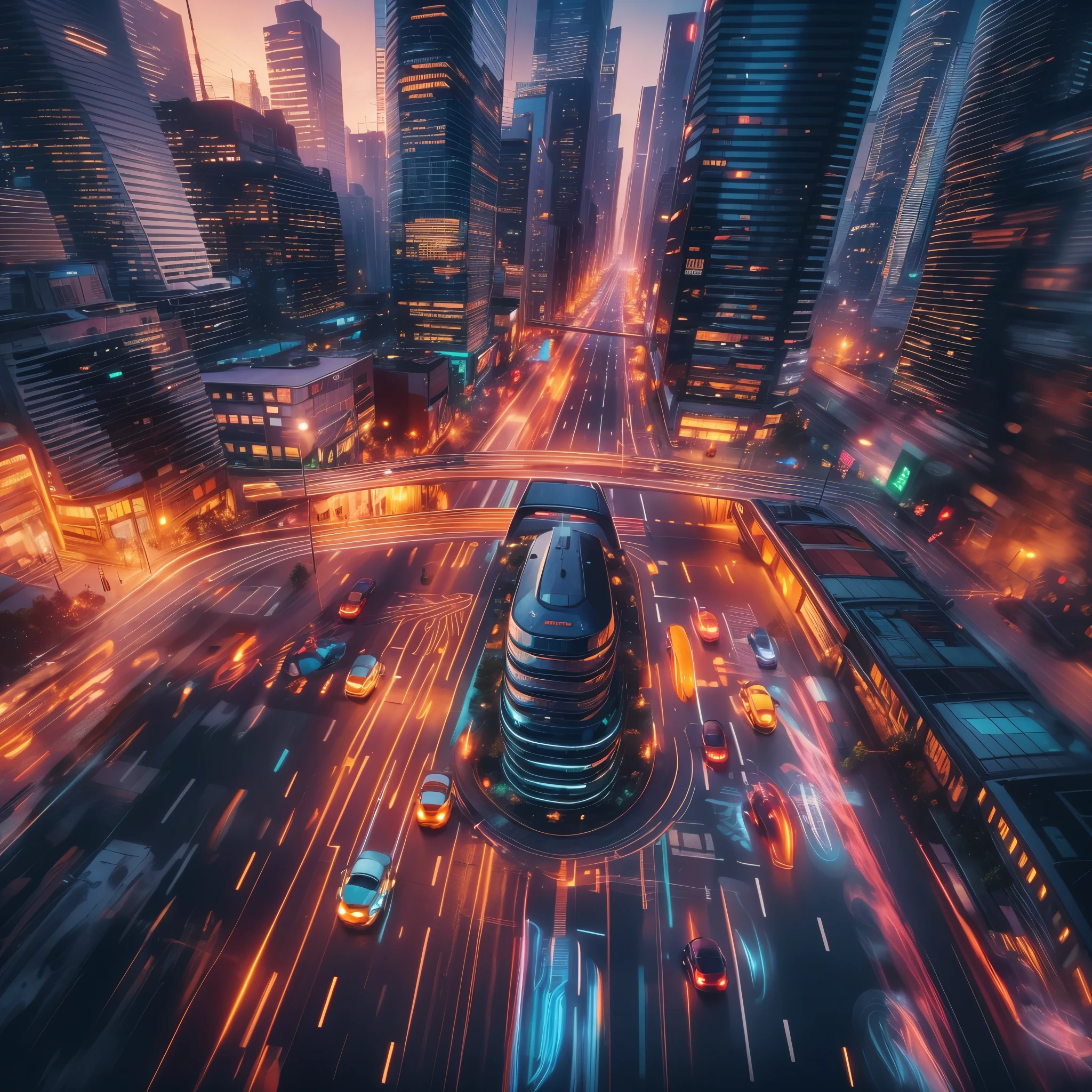 bustling city, The towering buildings shine with colorful neon lights in the sunset, Various modern cars and vehicles shuttle through the streets, Pedestrians are endless, Center of the screen, (A black sports car speeding by, captured using motion blur:1.6), (Sports car body afterimage:1.5), (Sports car taillight afterimage:1.3, (Dynamic light and shadow:1.5), (Light afterimage:1.3), Add a touch of dynamism to this bustling city, A unique perspective of the city landscape, (motion blur:1.8), from above, atmospheric perspective, satellite image, bokeh, caustics, Sony FE GM, UHD, masterpiece, ccurate, super detail, best quality, 8k