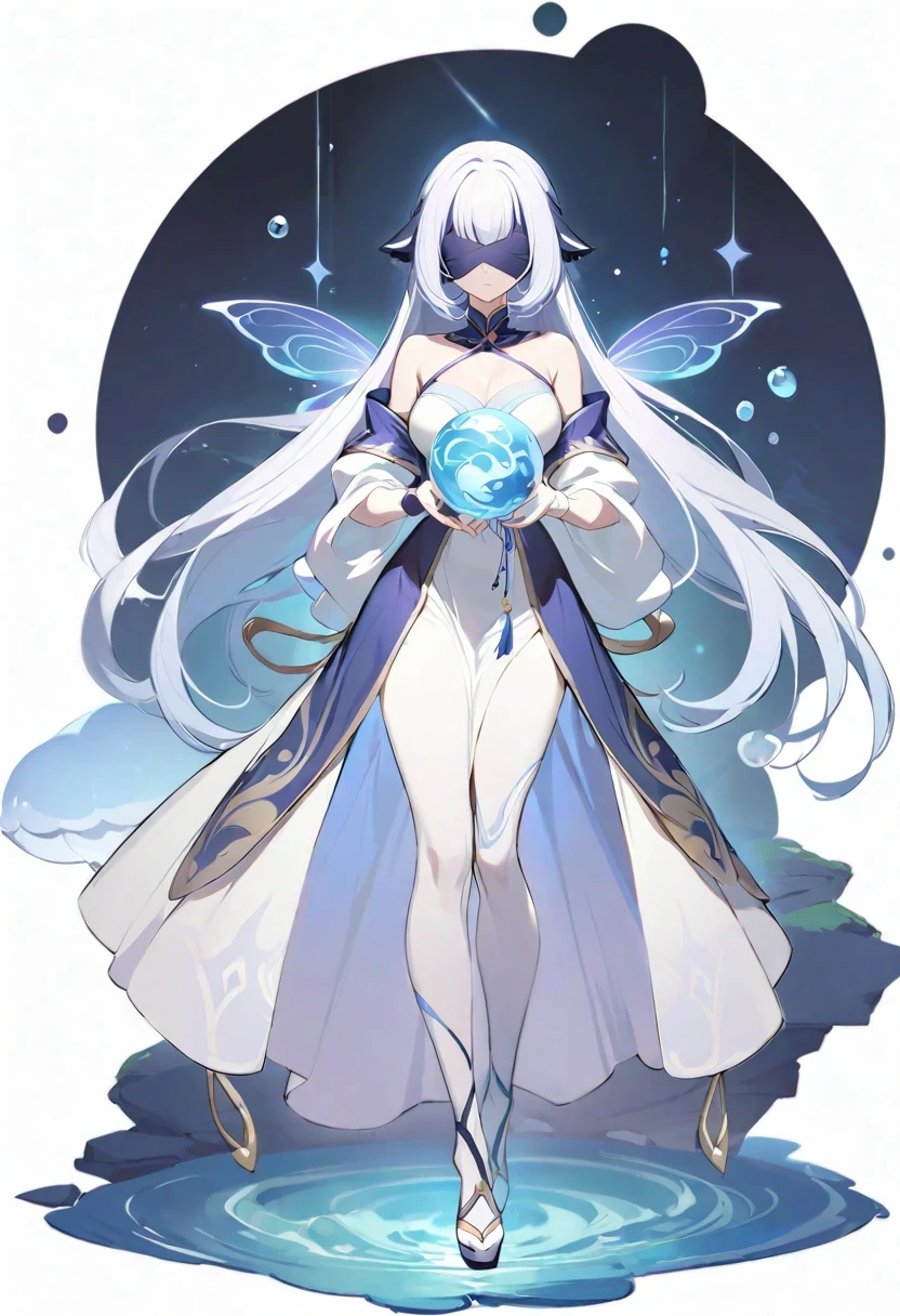 ((shylily/(Twich/))),(masterpiece:1.2),(best quality:1.2),, (1girl:1.3),There is a woman in a dress, holding a sword, white cloth blindfolded, full body fairy, Asian female water element, beautiful whole body concept art, Xie Sun, jellyfish priestess, Shen Zhou