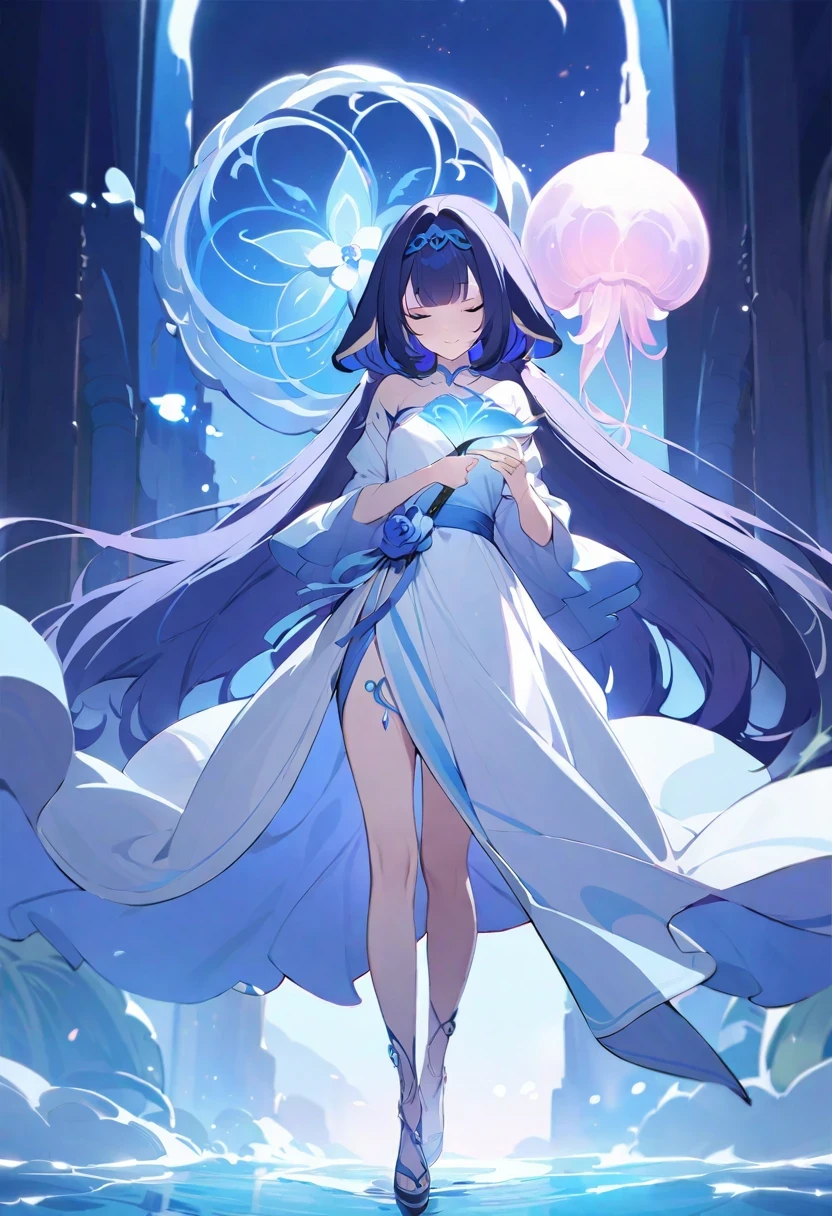 ((shylily/(Twich/))),(masterpiece:1.2),(best quality:1.2),, (1girl:1.3),There is a woman in a dress, holding a sword, white cloth blindfolded, full body fairy, Asian female water element, beautiful whole body concept art, Xie Sun, jellyfish priestess, Shen Zhou