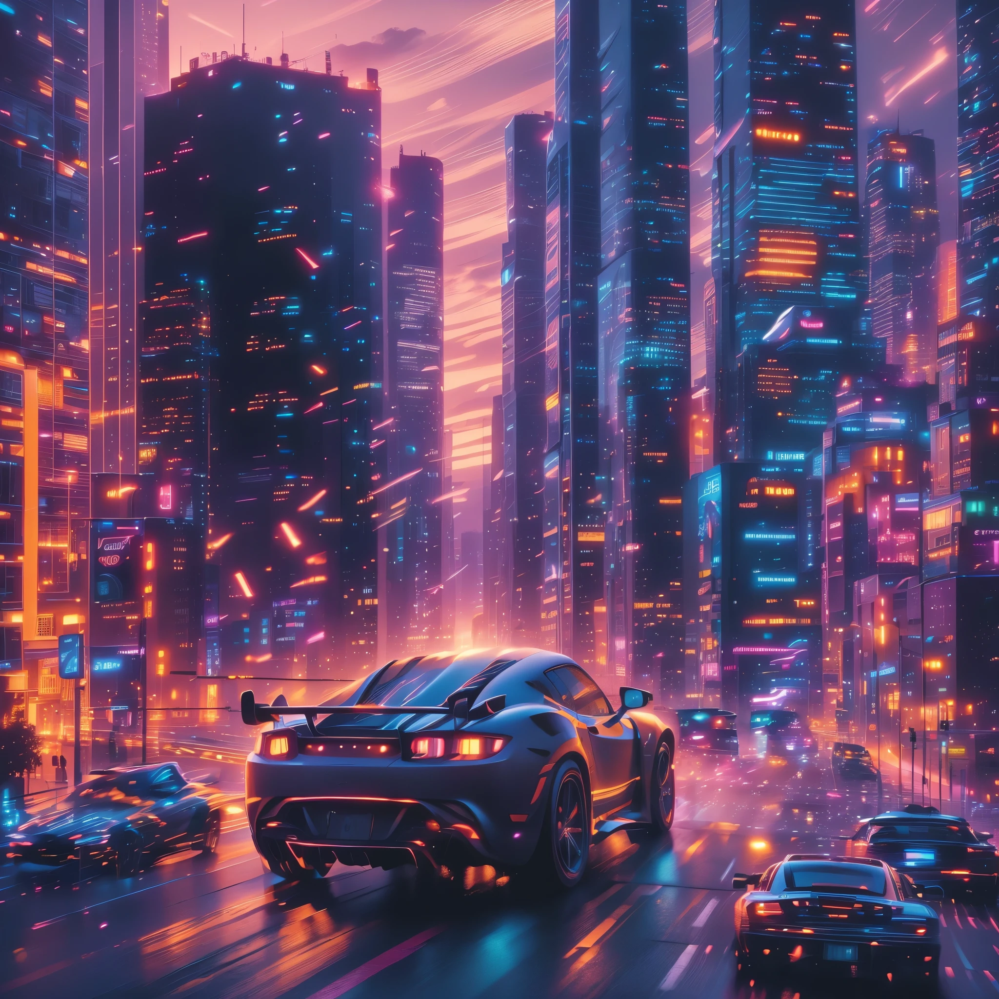 bustling city, The towering buildings shine with colorful neon lights in the sunset, Various modern cars and vehicles shuttle through the streets, Pedestrians are endless, Center of the screen, (A black sports car speeding by, captured using motion blur:1.6), (Sports car body afterimage:1.5), (Sports car taillight afterimage:1.3, (Dynamic light and shadow:1.5), (Light afterimage:1.3), Add a touch of dynamism to this bustling city, A unique perspective of the city landscape, (motion blur:1.8), from above, atmospheric perspective, satellite image, bokeh, caustics, Sony FE GM, UHD, masterpiece, ccurate, super detail, best quality, 8k