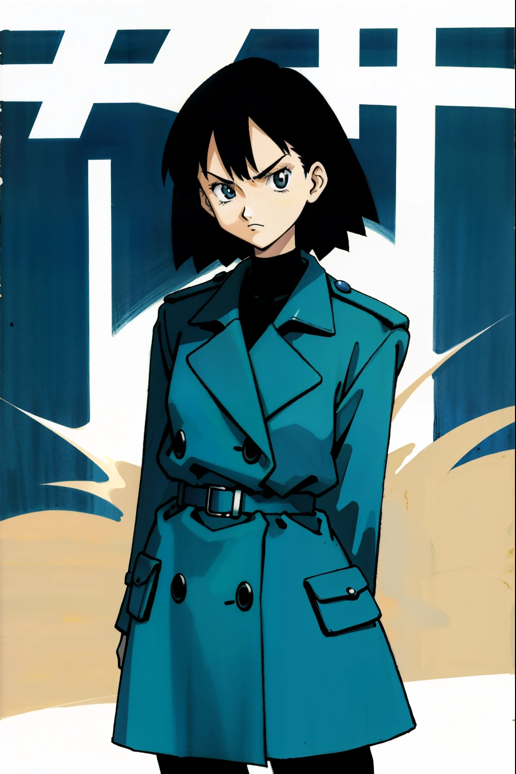 by Ken Sugimori, sugimori 1990s, ((only 1woman)), Long navy trenchcoat, scowling, ((hands behind their back)), full black pupils, manga, best quality, highly detailed, clean lines, cowboy shot, good hands, good eyes, hd, 8k, professional, symmetrical, hires, 8k,