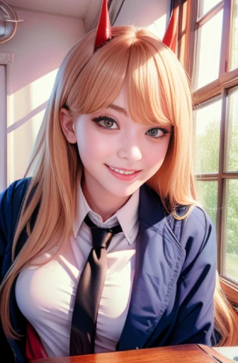 masterpiece, (Intricate details, Very detailed, The finer details), highest quality, One girl, horn, alone, Smiling cross-shaped eyes, Yellow Eyes, ((Blonde)), 赤いhorn, Jacket, , (((Cruciform pupil, Pupil in the shape of a symbol))), White shirt, Collared shirt, Black tie, 青いJacket,