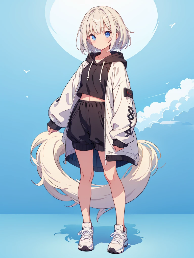 1girl、A loose tracksuit-style long hoodie、Rib knit cuffs and hem、vtuber-fullbody、Milky white short hair、