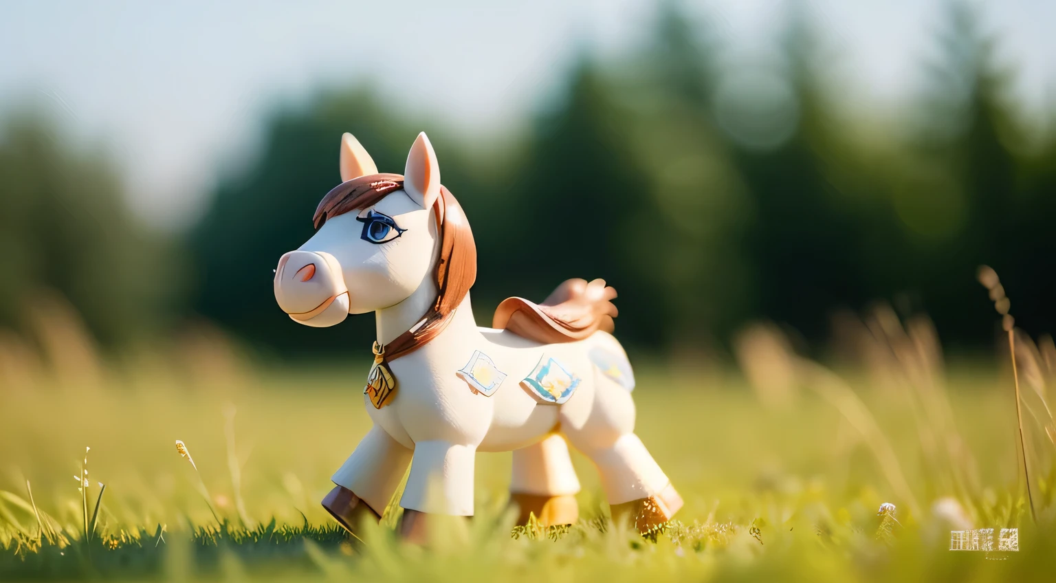 there is a toy horse that is standing in the grass, horse, pony, toy photos, riding horse, ride horse, 3 d littlest pet shop horse, anthropomorphic horse, horse in background, toy photosgraphy, Anthropomorphic mother horse, High Detail!, pony facing away, magical scene, cute toys, Highly detailed toys, Prime hour in the morning, commercial photo of toys