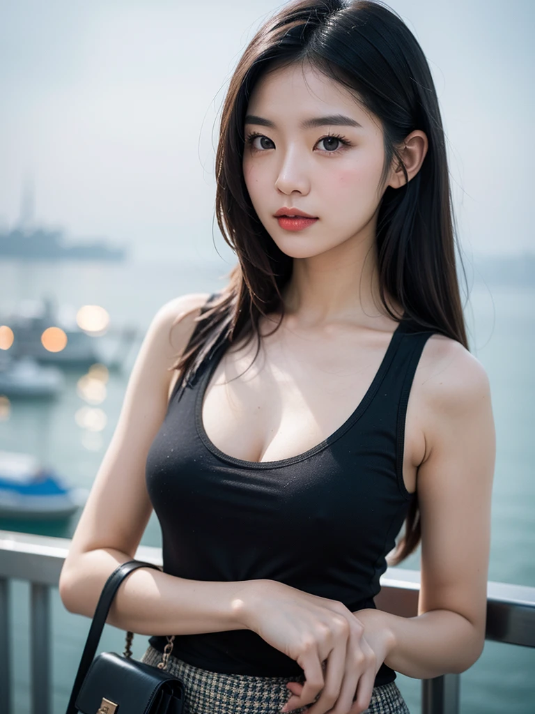 close-up of beautiful korean female, 34 inch breasts size, wearing tank top, carry mini bag, at ferry pier, foggy atmosphere, bokeh background,  Polaroid photo, UHD 